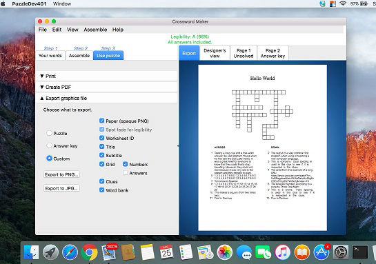Screenshot showing Crossword Maker software on a Mac desktop.